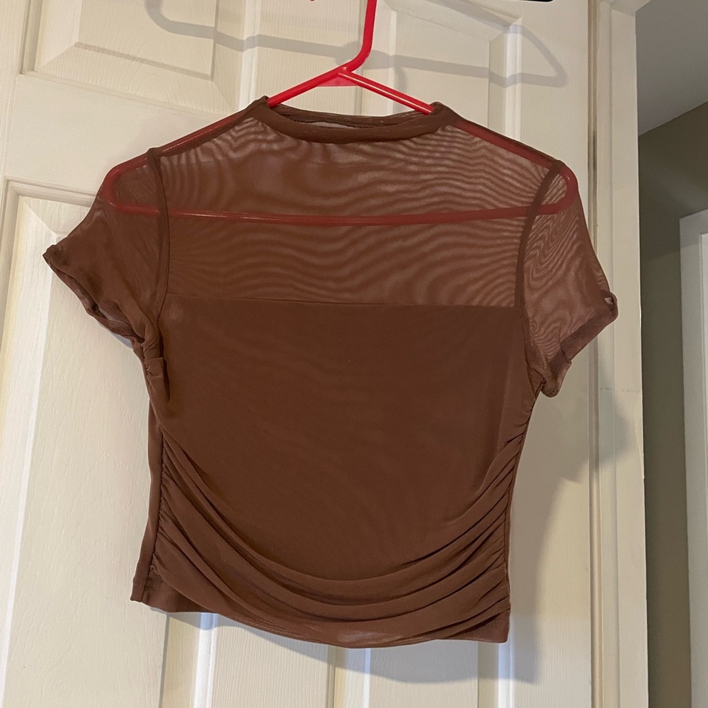 Women's Brown Short Sleeve Mesh Tee